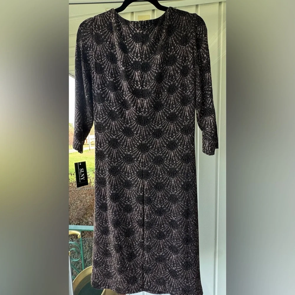 SLNY Printed Metallic Sequin Sheath Cocktail Evening Wear Dress Size 14